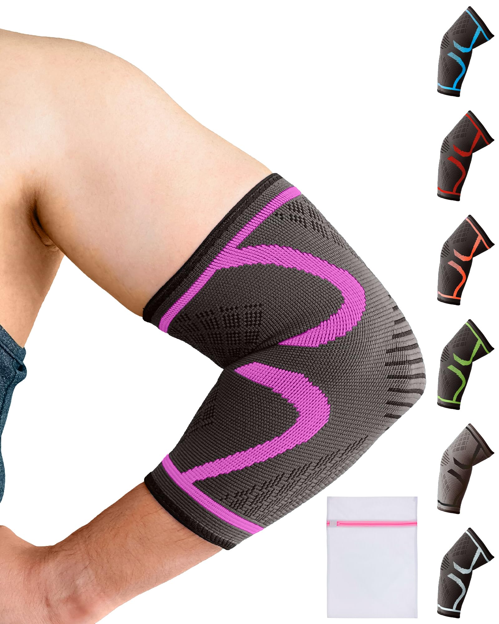 360 RELIEF Elbow Support for Men, Women, Kids, 1 Pack Compression Elbow Sleeve for Tennis, Golfers, Sports, Fitness, Gym, Weightlifting, Small, Pink + Laundry Bag