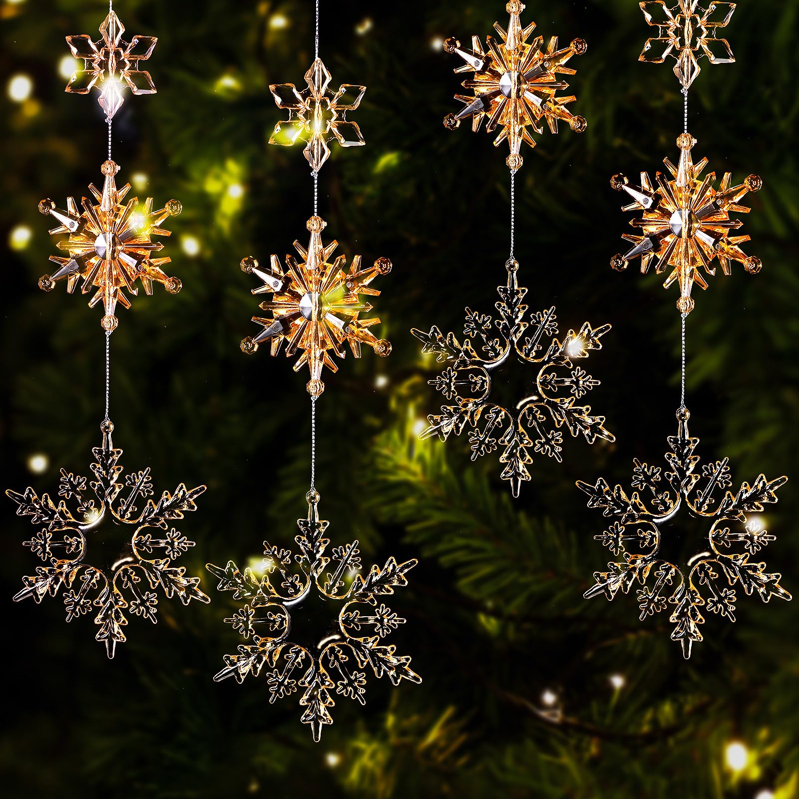 Photo 1 of 36 Pcs Christmas Snowflake Ornaments Crystal Iridescent Christmas Tree Ornaments Clear Plastic Hanging Acrylic Snowflake Xmas Tree Decor for Paty Decor, 3 Size 1.7 Inch/3 Inch/4 Inch(Gradient Orange)
