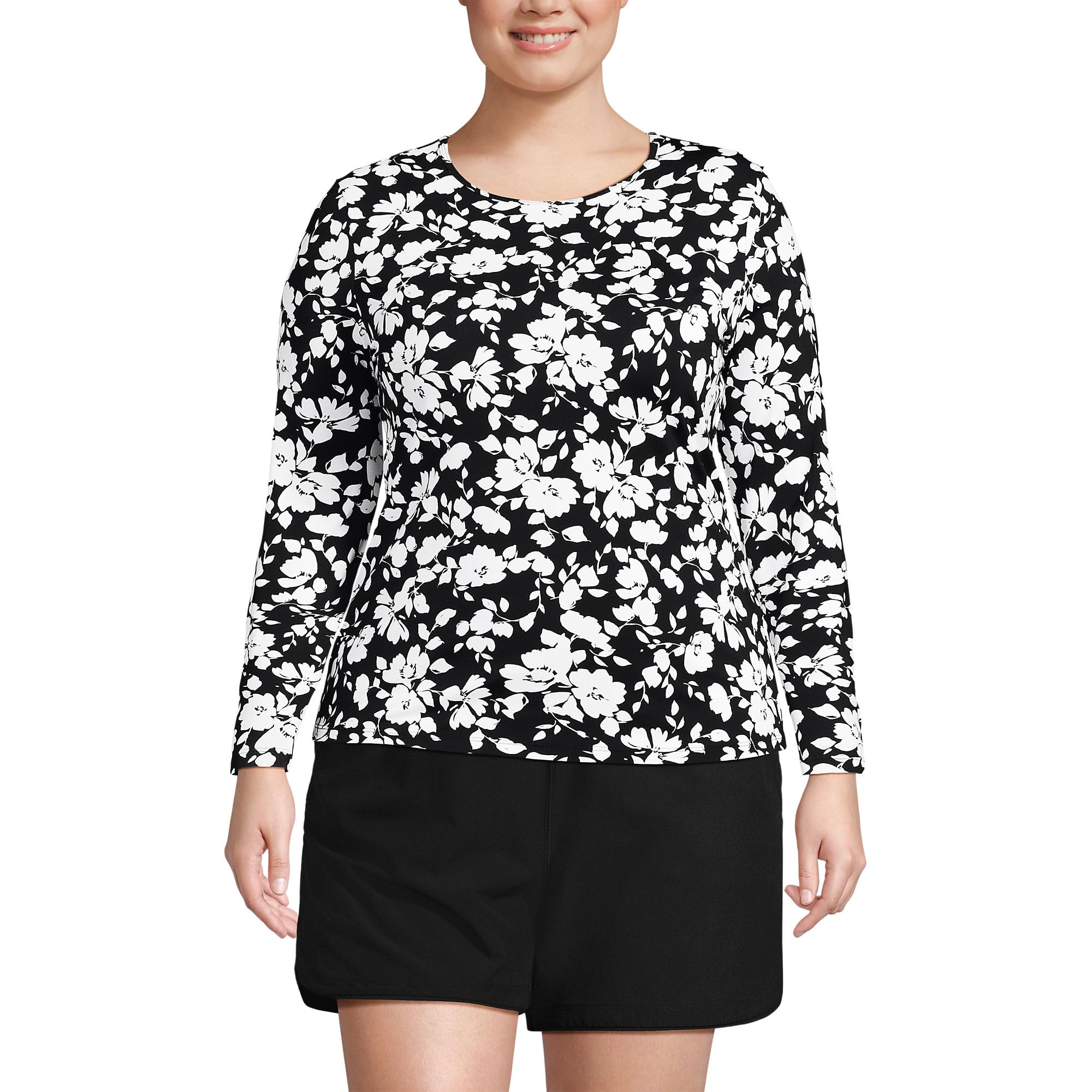 Lands' End Women's Sunshade UPF 50 Long Sleeve Rash Guard Swim Tee Black Blossom Floral Regular Medium Image