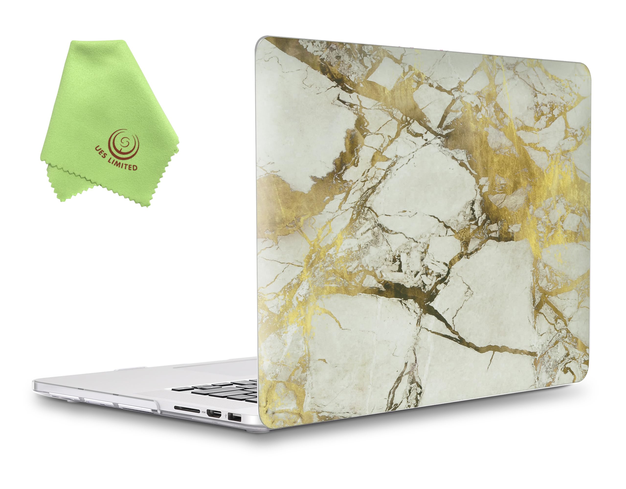 UESWILL Marble Pattern Smooth Hard Shell Case Cover Compatible with MacBook Pro 15 inch with Retina Display (Model: A1398), No CD-ROM, No Touch Bar, (White/Gold)