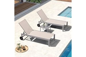 PURPLE LEAF Outdoor Lounge Chair Set for 2 Patio Chaise Lounger with Aluminum Frame and Easy-to-Move Wheels All-Weather Pool Lounge Chairs for Outside Garden Yard Poolside Table Included, Khaki