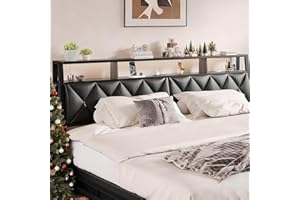 Salamir King Headboard Only, Headboard for King Size Bed with Storage, Upholstered Headboards with LED Lights & Charging Station, Attach Frame, Ideal for Bedroom/Dorm/Guest Room, Black, Faux Leather