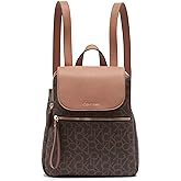 Calvin Klein Women's Elaine Signature Key Item Flap Backpack, Brown/Khaki/Luggage Saffiano, One Size