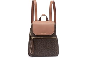 Calvin Klein Women's Elaine Signature Key Item Flap Backpack, Brown/Khaki/Luggage Saffiano, One Size
