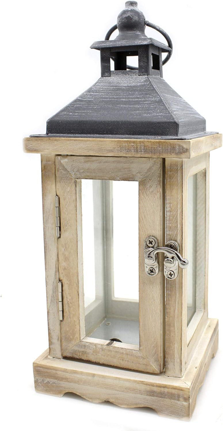 DARO DEKO Holz Laterne mit Echt-Glas Scheiben braun schwarz 10cm x 10cm x 25cm