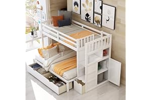 BIADNBZ Twin Over Full Bunk Bed with Stairs Storage, Drawers and Shelves, The Bottom Bedframe Convertible into Twin Size, Wooden Bunkbeds Frame with Staircase, for Kids/Teens/Adults Bedroom, White
