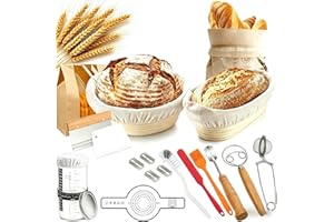 GEEKHOM Sourdough Bread Starter Kit: Baking Accessories Set with Round & Oval Proofing Baskets, 650ml Jar, Dough Scraper, Com