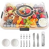 Charcuterie Board with Lid and Handle, Portable Travel Design Bamboo Cheese Board with Knife Set, Meat Fruit Serving Tray Platter, House Warming Gifts New Home, Gifts for Women, 6 Compartments