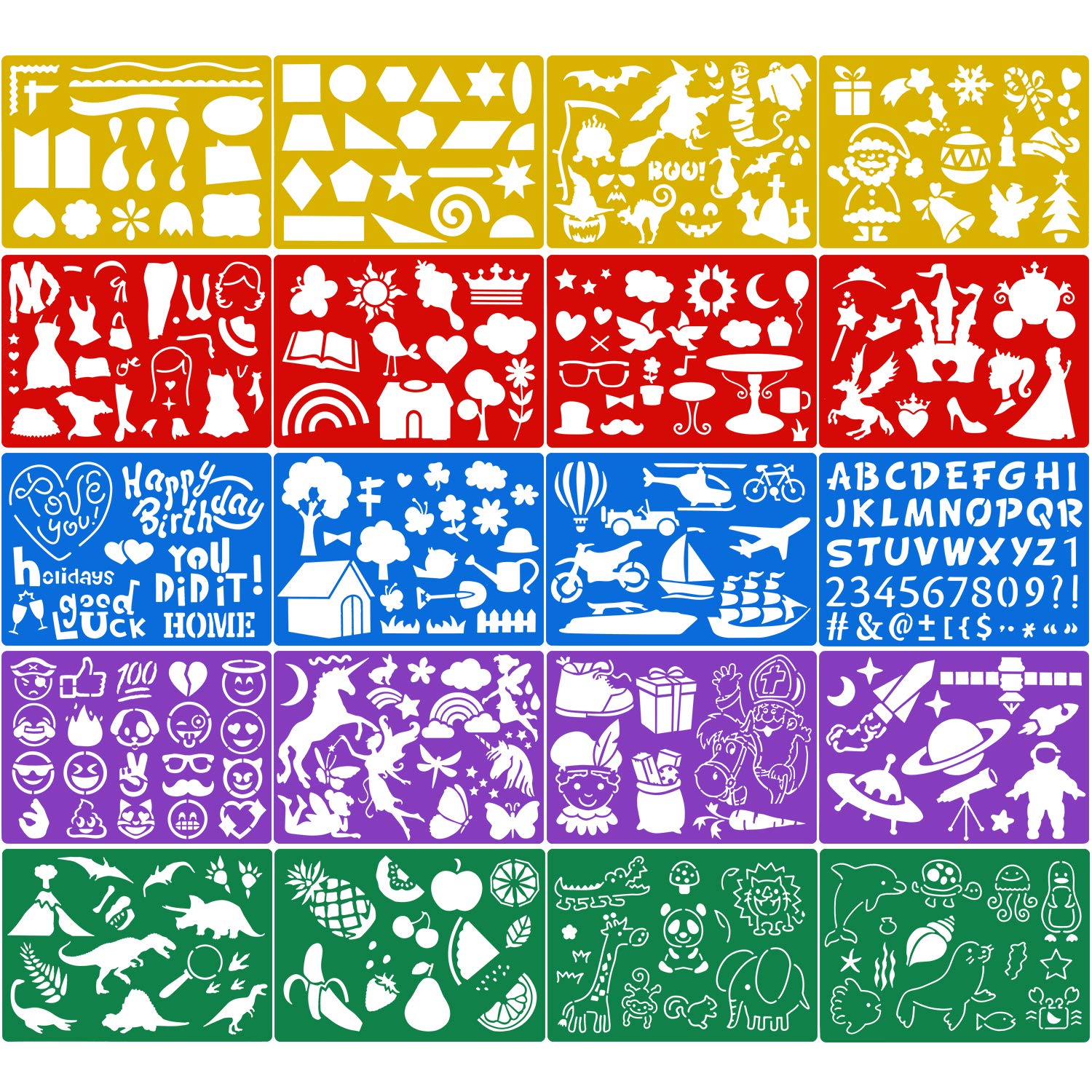 Qpout 20Pack Color Drawing Templates for Kids, Plastic Painting Letter Number Stencils for Baby Shower Birthday Halloween Christmas Dinosaur Party Bag Favor Supplies Toddlers Preschool Painting Tool