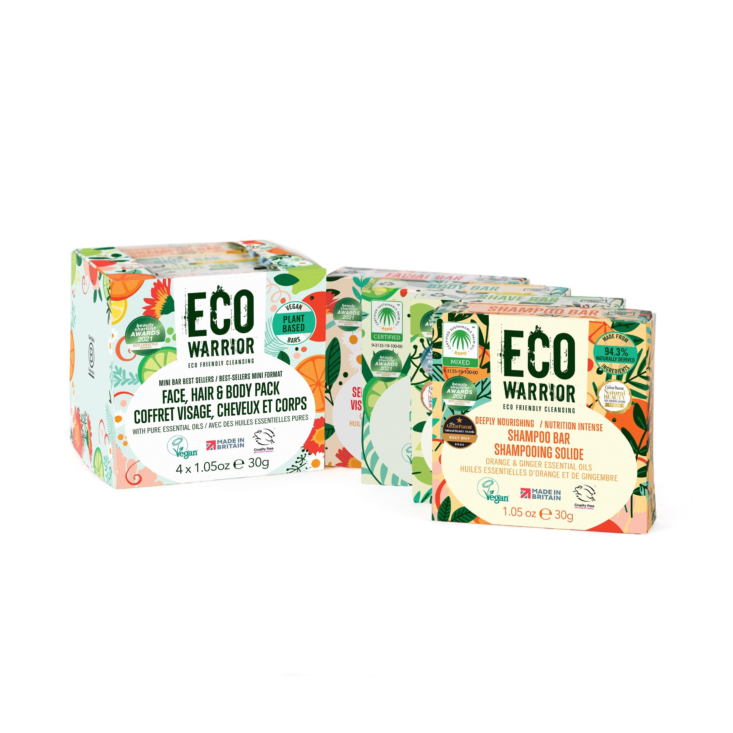 Eco Warrior Mini Soap Gift Set (4x30g) | Deeply Nourishing Shampoo Bar, Shaving Soap, Sensitive Facial Bar & All Over Body Soap Bar | Vegan, Cruelty Free, No SLS or Parabens | Mothers Day Gift For Her