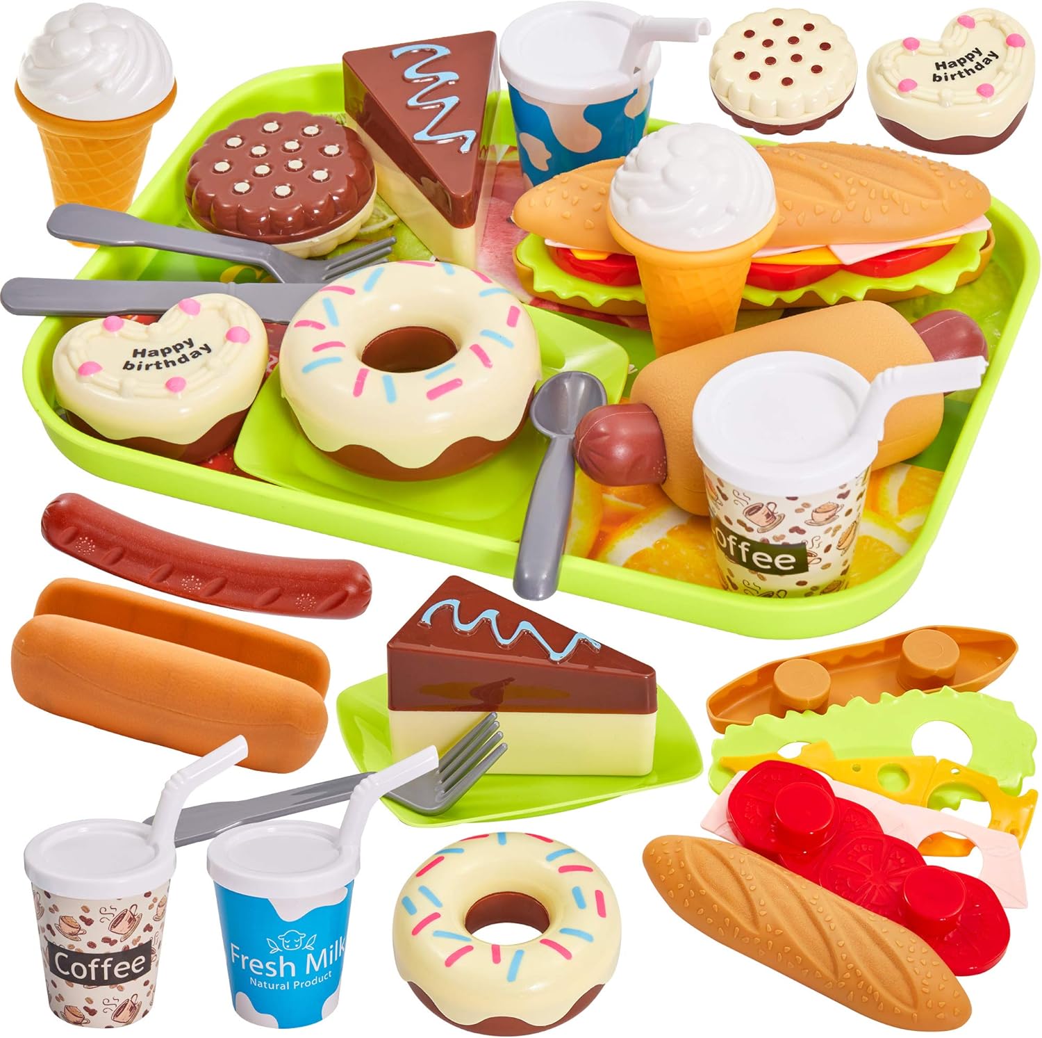 HERSITY Comida Cocinitas Juguete Alimentos Desmontables Hamburguesas Helados Pastel Plastico de Juguete con Bandeja Juegos de rol Regalos para Niños Niñas 3 4 5 Años