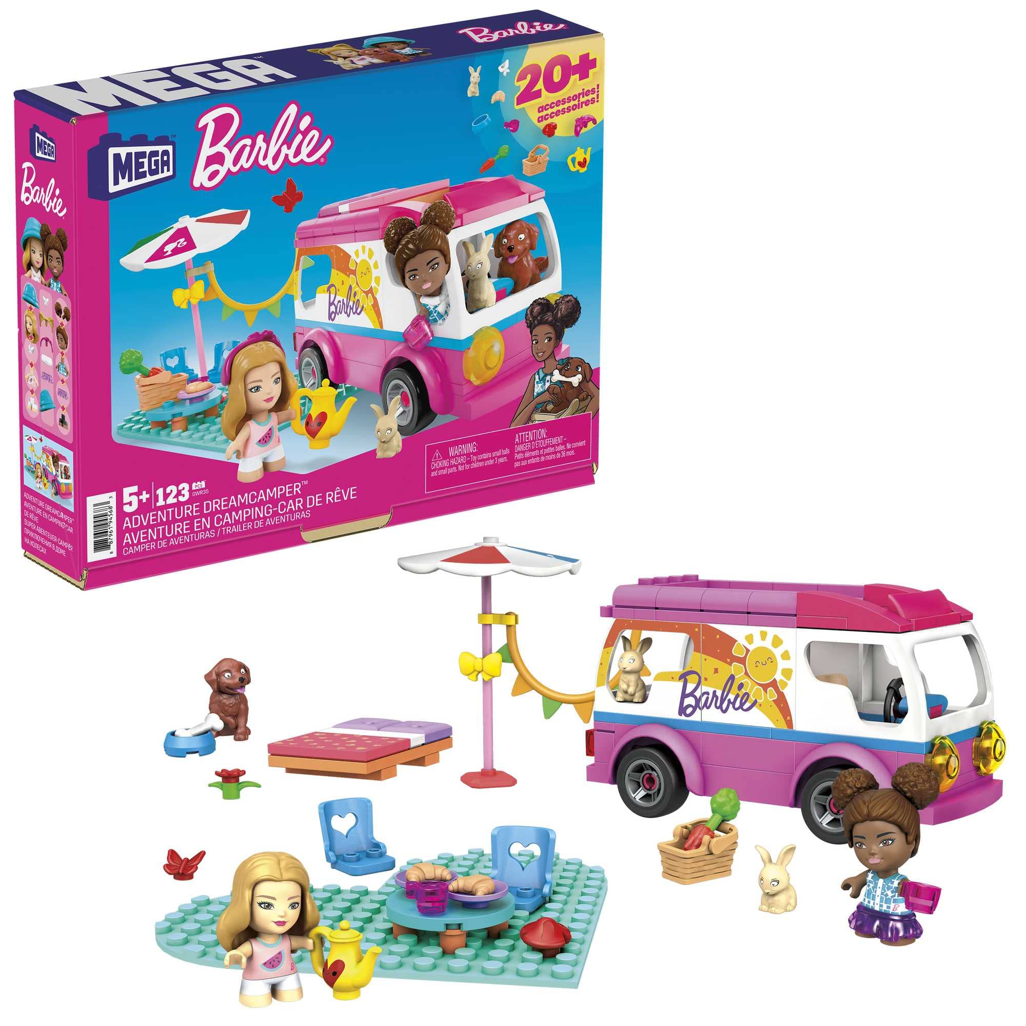 MEGA Barbie Camper Building Toy Vehicle Playset, Adventure DreamCamper with 123 Pieces, 2 Micro-Dolls, Accessories, Pets and Furniture,, GWR35,Multicolor,20.5 x 26 x 5 cm