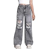 Floerns Girl's Elastic High Waisted Ripped Baggy Jeans Wide Leg Distressed Denim Pants
