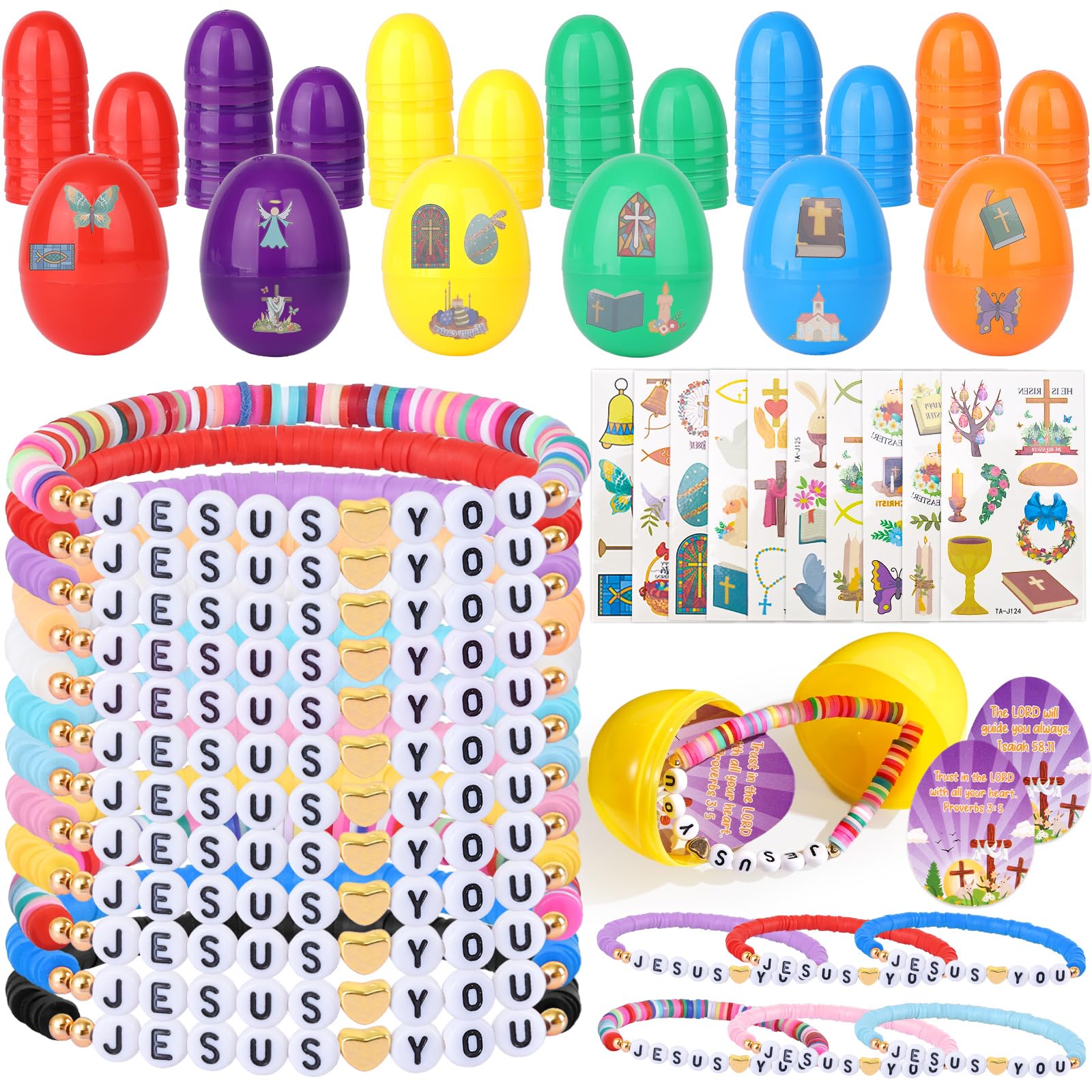 Vanblue 48Pcs Religious Easter Gifts Easter Basket Stuffers Christian Jesus Loves You Bracelets Bulk Christian Wristbands with Eggs and Tattoo Stickers Party Favors Faith for Kids Teens
