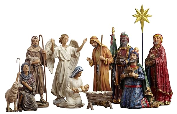 THREE KINGS GIFTS MAGI, WISE MEN, CHRISTMAS STAR, ANGEL, SHEPHERDS, SHEEP, HOLY FAMILY, JESUS IN MANGER, REAL GOLD IN TRUNK, NATIVITY SCENE SET & FIGURES, 11-PIECES, FOR 10 INCH SCALE COLLECTION