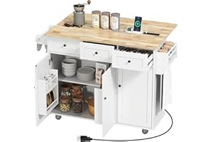 HOMCOM 53" Rolling Kitchen Island with Storage and Charging Station, Drop Leaf Kitchen Cart with Solid Wood Top, 3 Drawers, A