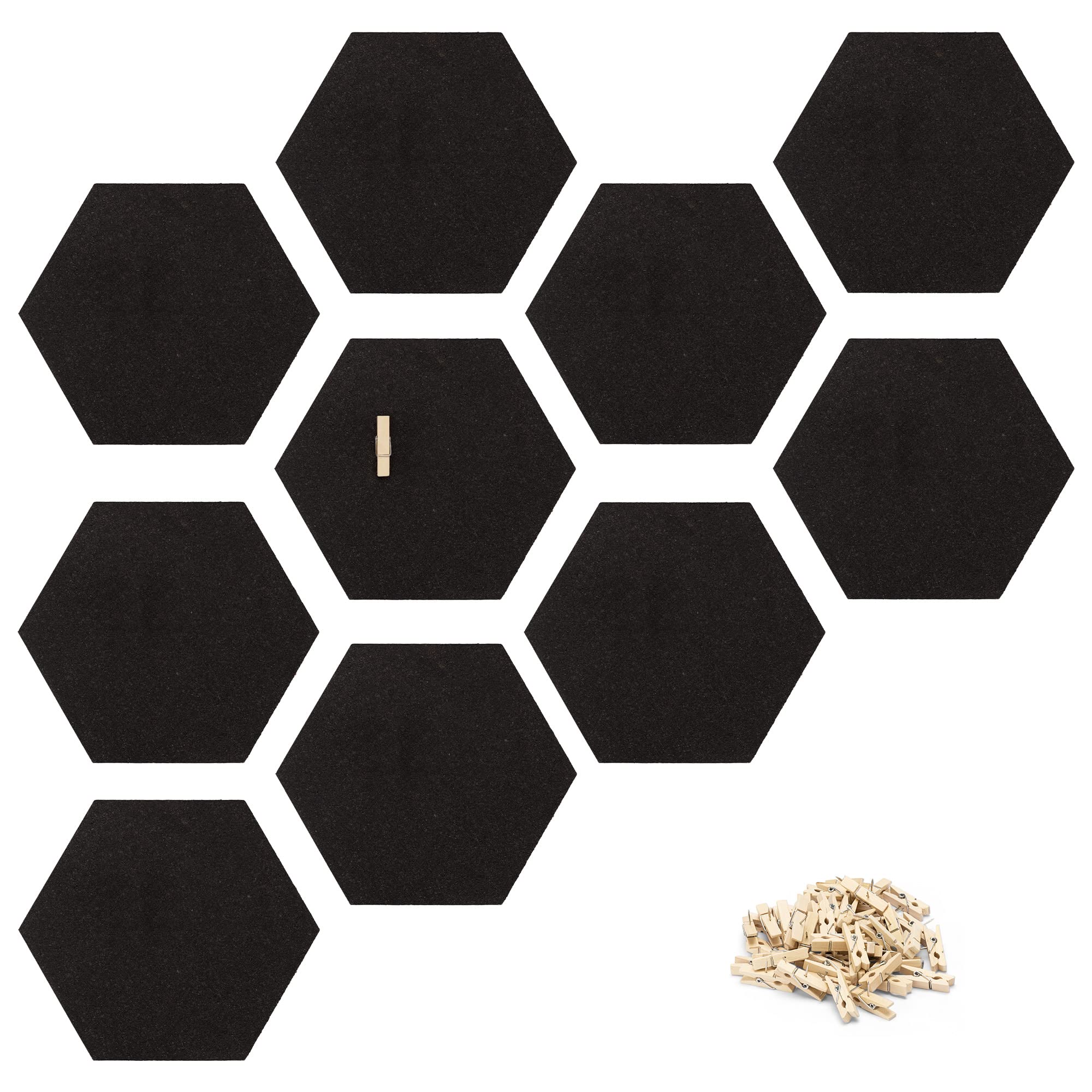 Navaris Hexagon Cork Board Tiles - Set of 10 100% Cork Notice Memo Bulletin Boards with Pack of Wooden Push Pins Clips - 15 x 17.7 cm - Black