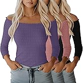 Velvelhall 3 Pack Women's 3/4 Sleeve Boat Neck Tops Lettuce Trim Jacquard Shirts Slim Fit Casual Layering Basic Tees(Black, Rose Pink, Lavender,XX-Large)