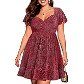 Plus Size Cocktail Dress - Sparkly New Year Eve Party Holiday Wrap V Neck Short Dress