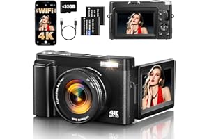 XNSIAKXA 4K Digital Camera for Photography, 64MP Autofocus WiFi Vlogging Camera for YouTube with 3'' 180° Flip Screen,Travel Camera with SD Card, Point and Shoot Digital Camera 16X Zoom, UV Filter,2 Batteries