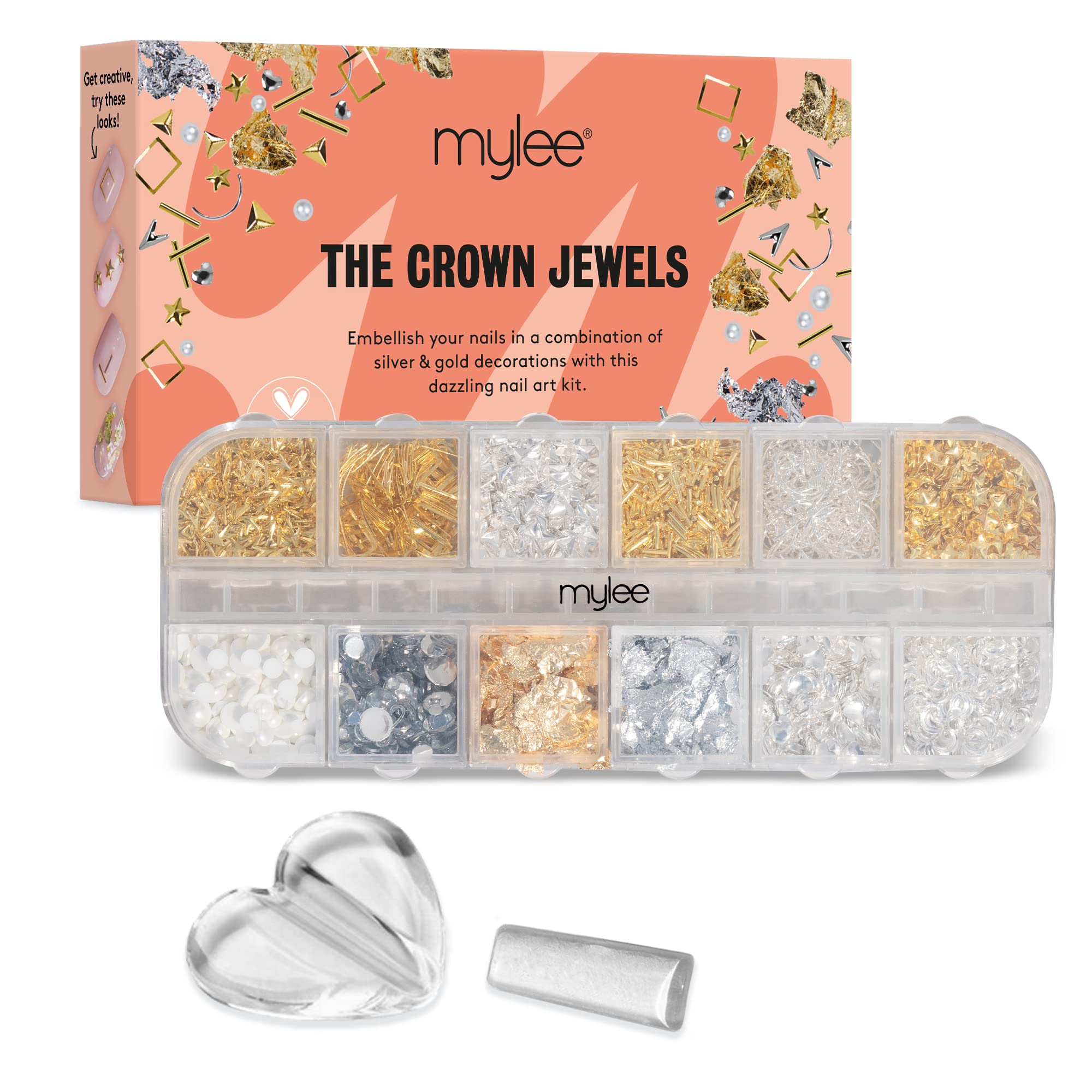 Mylee Crown Jewels Nail Art Kit, 12-Piece Set with Silver & Gold Decorations, Metal Rhinestones Studs, for Gel, Acrylic, & Natural Nails, Curving Tool, for Professional and Beginner Manicures