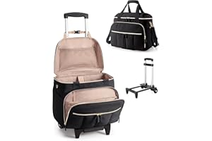 Marscamd Rolling Teacher Bag with 15.6" Laptop Compartment & Accordion File Organizer, Wheeled Work Briefcase Tote with Detachable Trolley for Women, Black