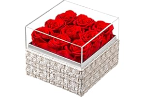 Eterfield Forever Flowers Preserved Flowers for Delivery Prime Real Roses That Last Over a Year Gifts for Her Mothers Day Valentines Day (Square Gold White Plaid Box, 9 Red Roses)