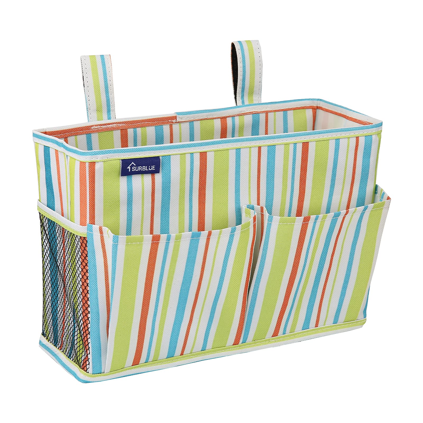 Surblue Bedside Caddy Hanging Bed Organizer Storage Bag Pocket for Bunk and Hospital Beds, College Dorm Rooms Baby Bed Rails,Wheelchair Side Bag,Camp Chiars,4 Pockets and 2 Hooks (Small GreenStripe)