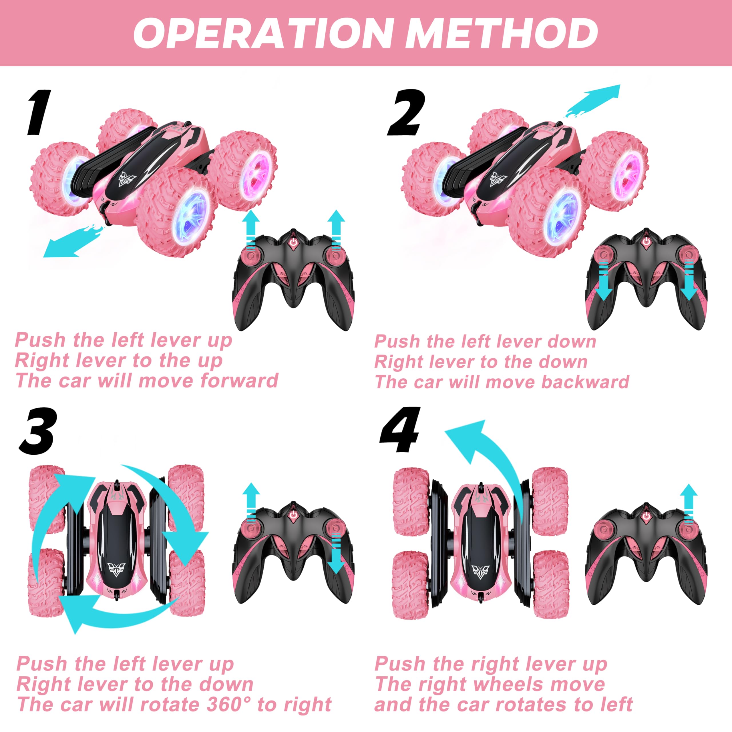 Remote Control Car, 2.4GHz RC Stunt Car, Double Sided 360° Rotating RC Cars with LED Headlight & LED Wheel, High Speed Off Road RC Crawler Xmas Gift for 3 4 5 6 7 8-12 Year Old Girls Toys (Pink)