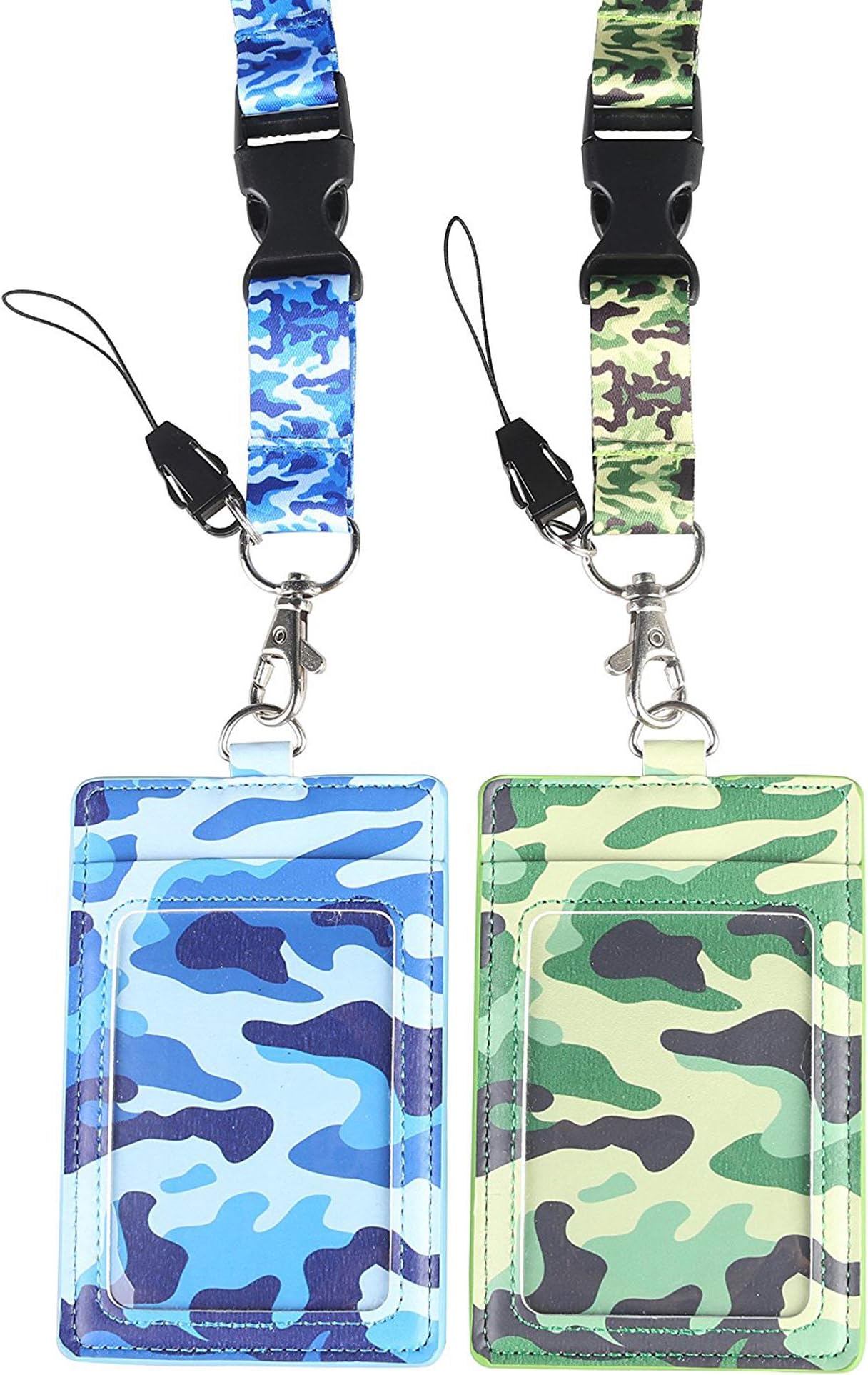 SANAIF YuanKanJu Double Sided PU Leather ID Badge Card Holder Green Blue with Neck Lanyard/Bule and Green
