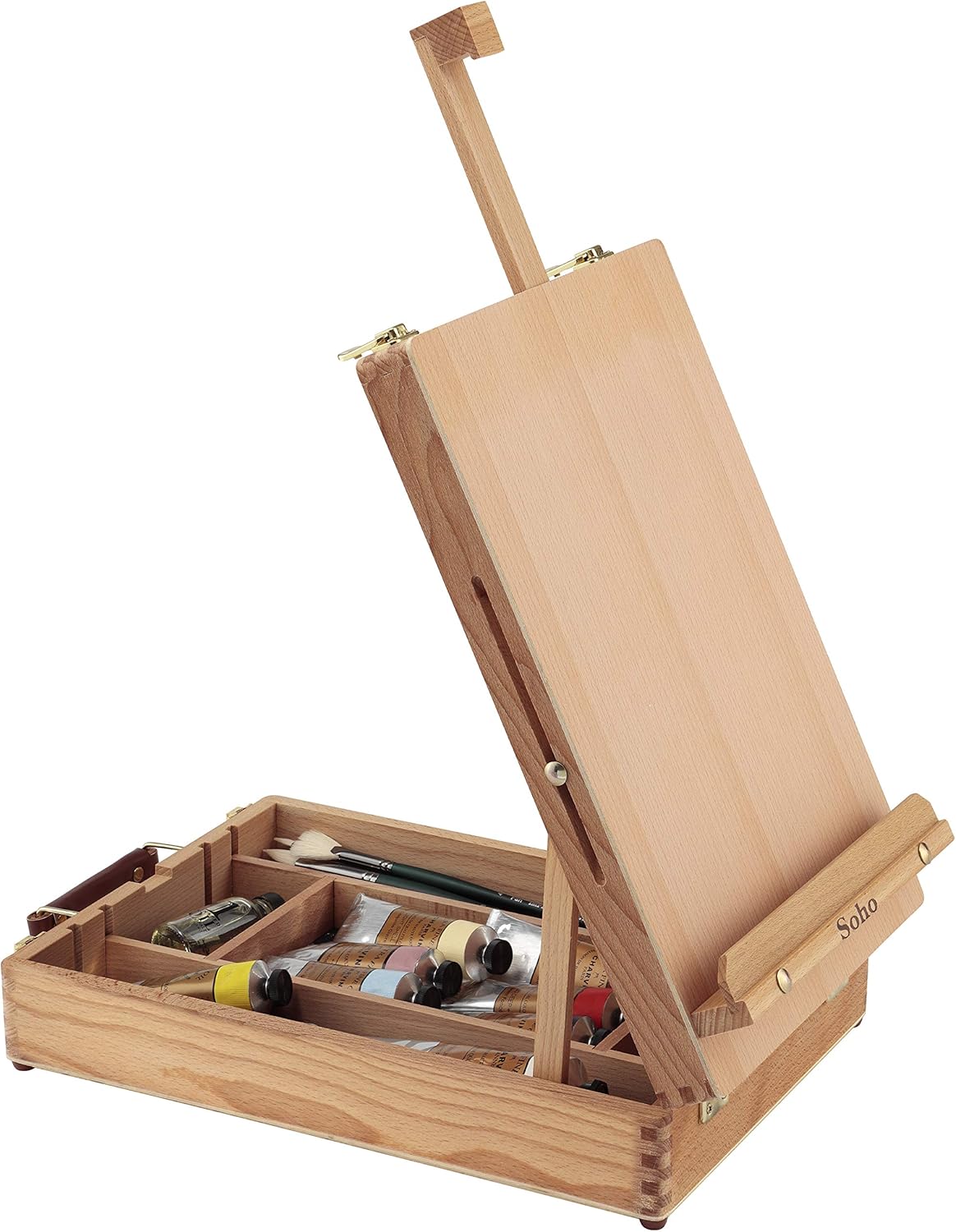 Soho Urban Artist Sketch Box and Table Artist Easel - Portable All Media Adjustable Angle Desk Top 5 Storage Compartments Case - Oiled Beech Wood