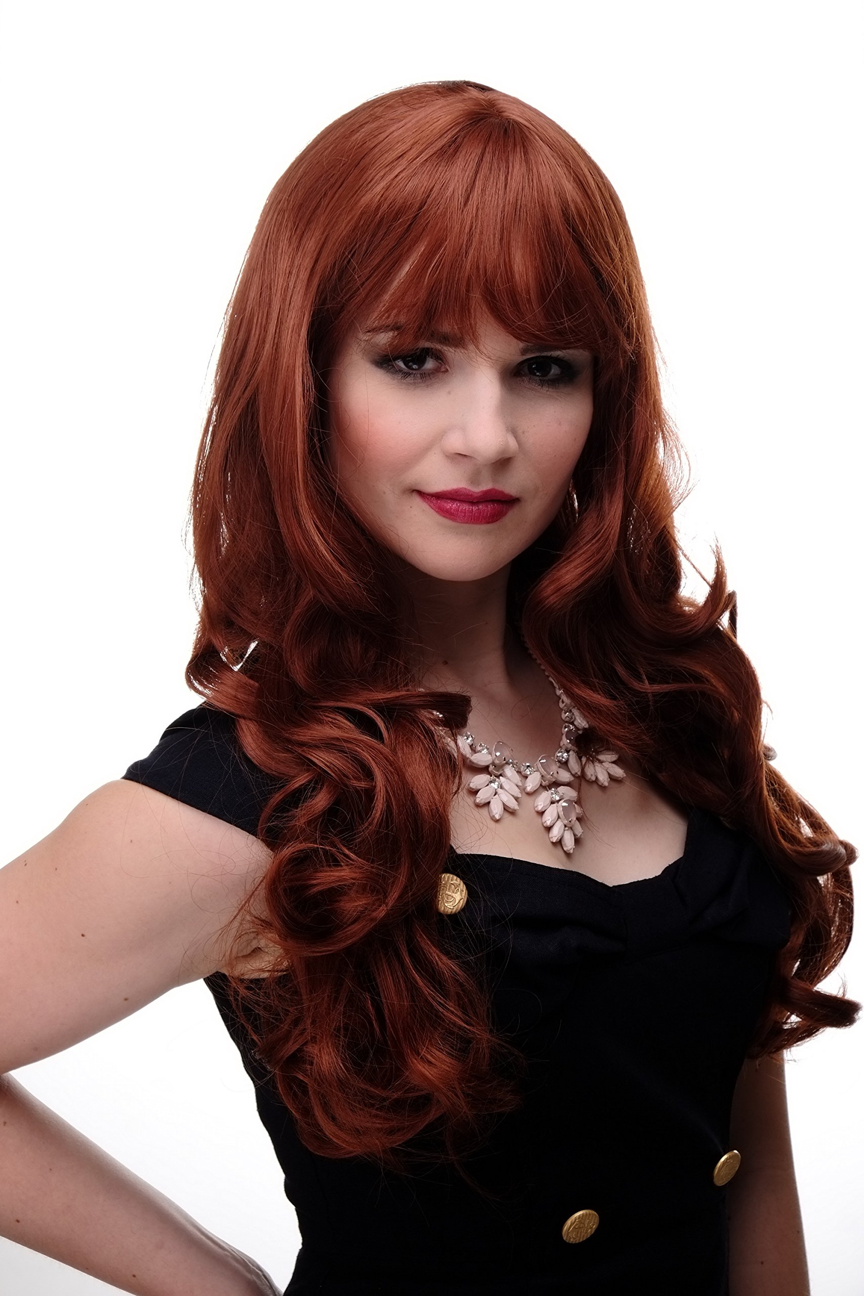 WIG ME UP 285-130 Lady Quality Wig very long beautiful curling ends straight top fringe bangs copper red approx 25inch