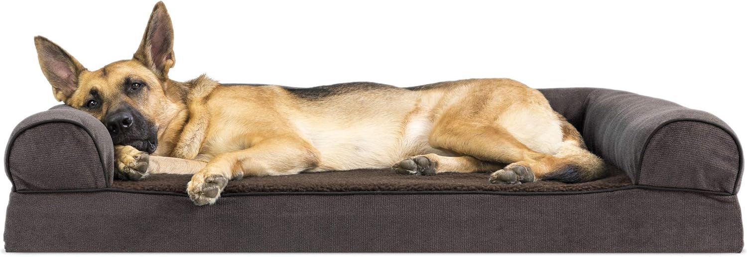 Furhaven Pet Dog Bed - Memory Foam Faux Fleece and Chenille Traditional Sofa-Style Living Room Couch Pet Bed with Removable Cover for Dogs and Cats, Coffee, Jumbo : Pet Supplies