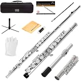 Mendini by Cecilio 16 Keys Closed Hole C Flute Kit for Beginners - Nickel | Beginner Flute Kit with Carrying Case, Stand, Tuning Rod, Adjustment Screws, Cork Grease, Lesson Book, Cleaning Kit, Gloves