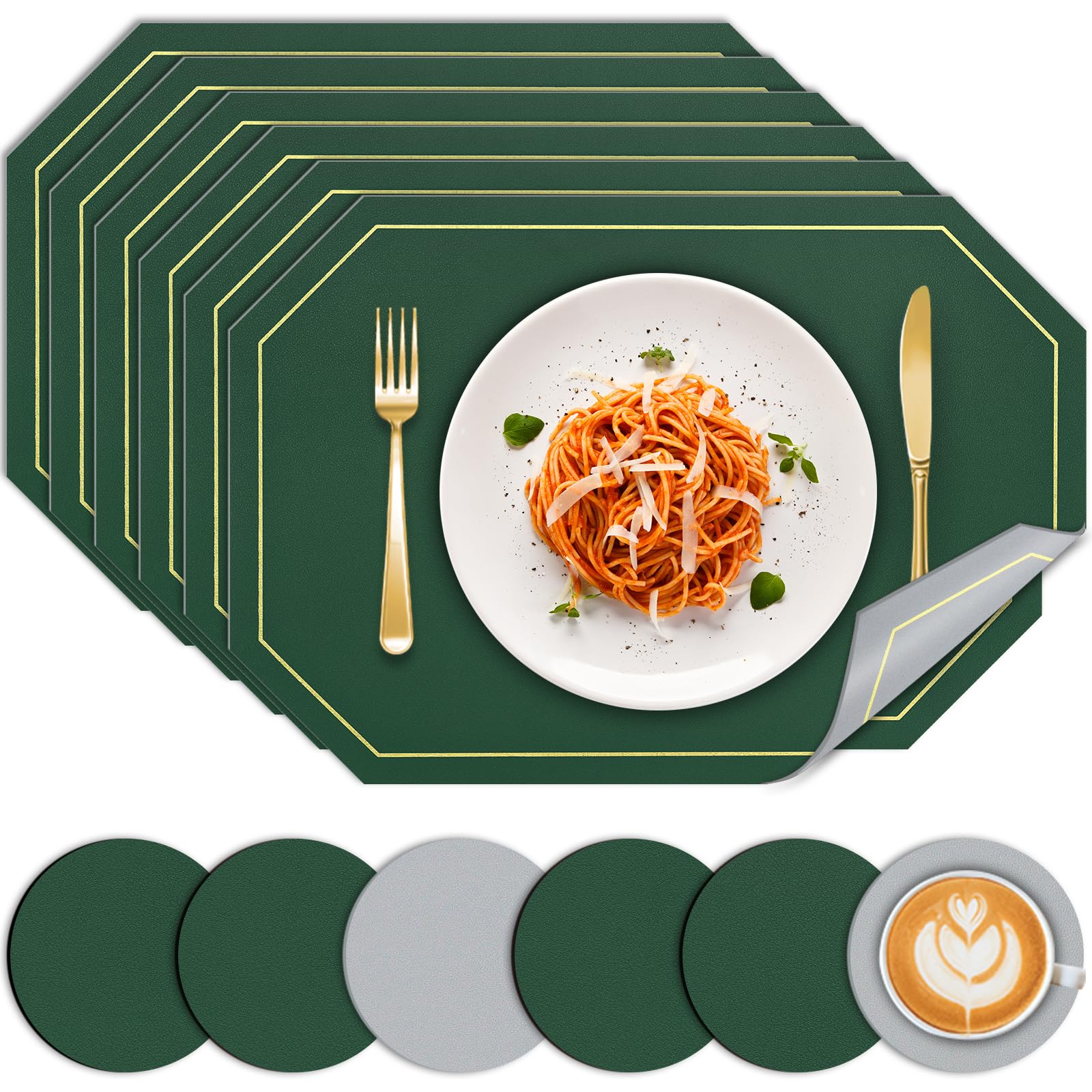 BOCHION Placemats and Coaster Sets 6, Dual Sided Two-Color Place Mats 30x43 cm, Leather Heat Resistant Non-Slip Washable, Wipeable Kitchen Table Mats for Home Dining Table Restaurant Hotel(Green Grey) — image 1