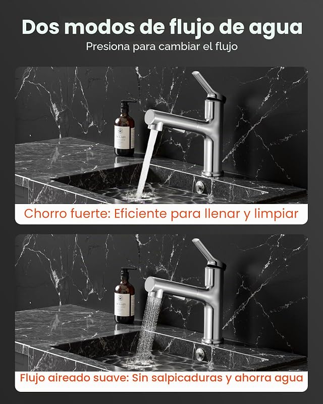 Grifo de Lavabo en Níquel Cepillado y Acero Inoxidable, Grifo de Cocina con Rociador Extraíble, Mezclador Monomando para Baño, Caravana, Bar, Resistente a la Corrosión, 260 x 210 x 52 mm