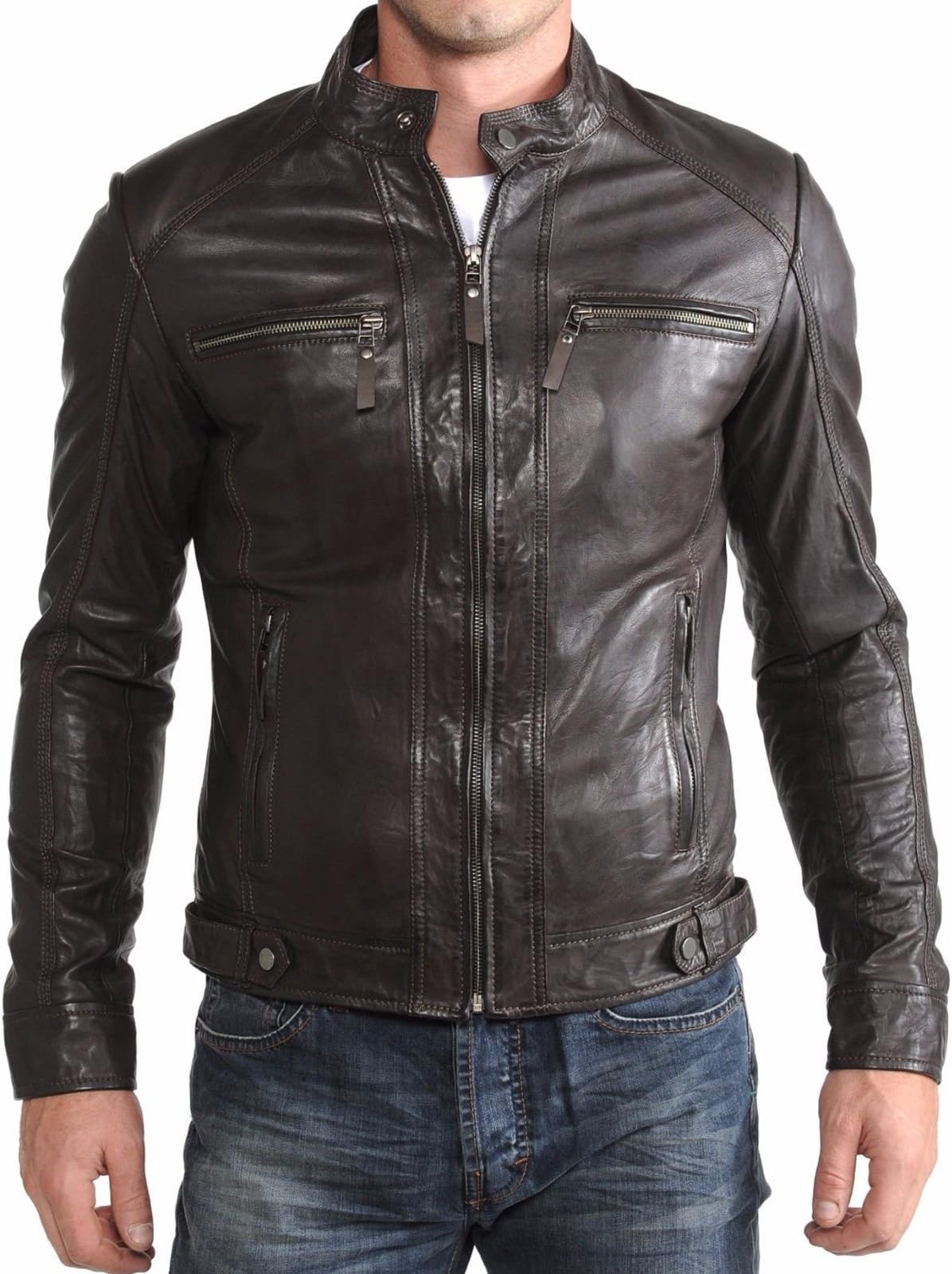MARIYAM Leather Mens Leather Jacket Brown Slim Fit Biker Motorcycle Genuine Lambskin Coat