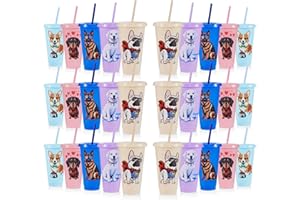 YLFYCOM 30 Pcs Dog Party Favors Cups with Lids and Straws, 24 oz Plastic Drink Cups Reusable Bulk Cute Dog Tumblers for Puppi