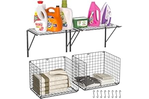 3IngSeagulls 2 Pack Laundry Room Shelves, Wire Baskets with 8 Hooks, Over Washer and Dryer Shelf, Wall Mounted Storage and Clothes Drying Rack, Black