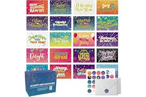 Dessie 40 Unique New Years Cards Boxed with Envelopes & Stickers, 4” x 6” Gold Foil Happy New Year Greeting Cards Assortment Box, Bulk Variety Pack