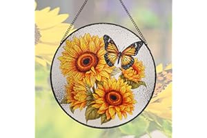 ZUSANG 9.8'' Sunflower Butterfly Suncatcher Hanging Stained Glass Window Decor, Flowers Bush Butterfly Sun Catchers Wall Art Home Decor, Sunflower Gift for Mom Grandma Teacher