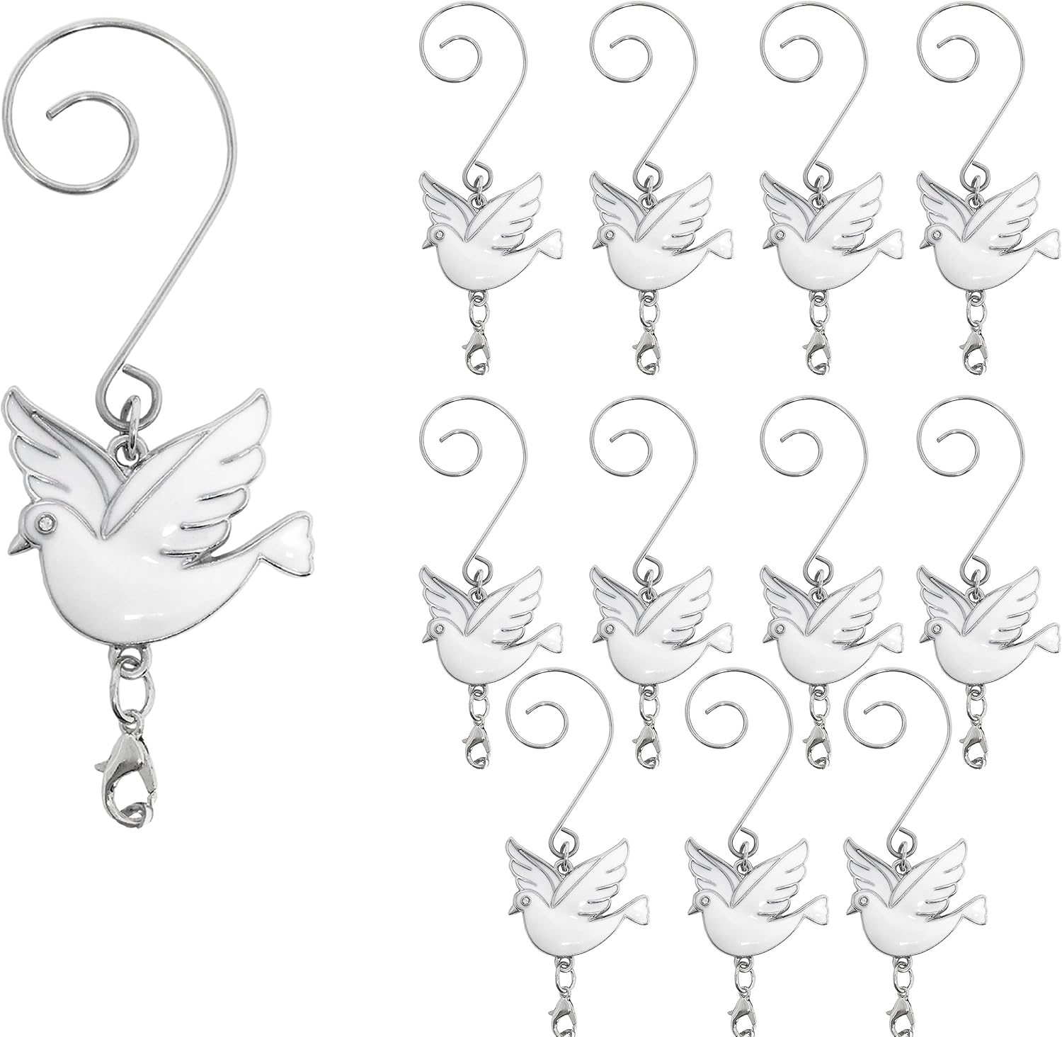 Ornament Hooks - BANBERRY DESIGNS Dove Christmas Ornament Hook with S-Hook and Lobster Claw - Set of 12 - White Enameled Doves - Xmas Accessories & Accents for Hanging Ornaments