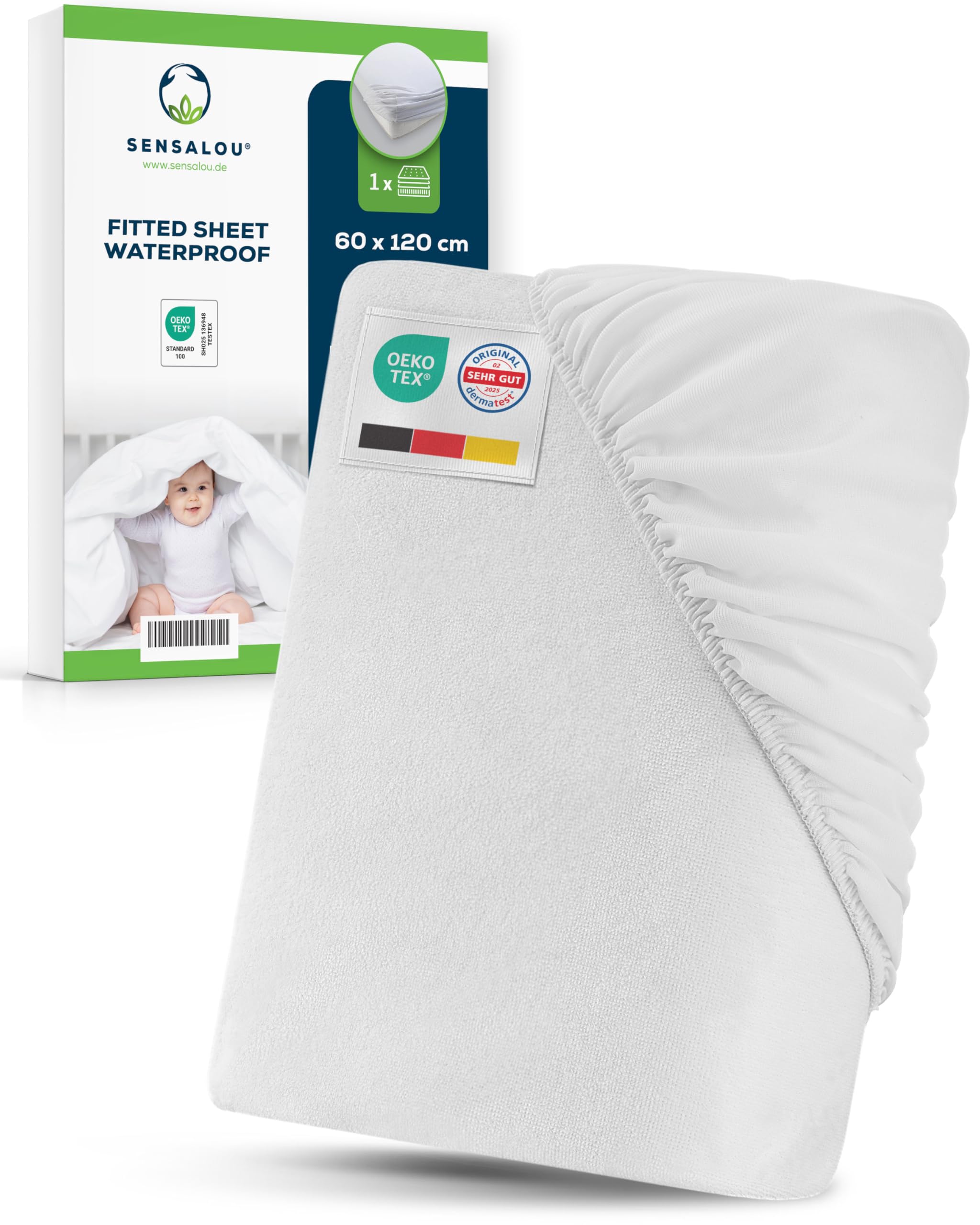 Sensalou Waterproof Fitted Sheet 60x120 cm – Soft Toddler Mattress Protector for Cot or Baby Bed – Washable At 95 °C, Breathable, Quiet, Anti-Allergic & Secure Fit for Children and Infants
