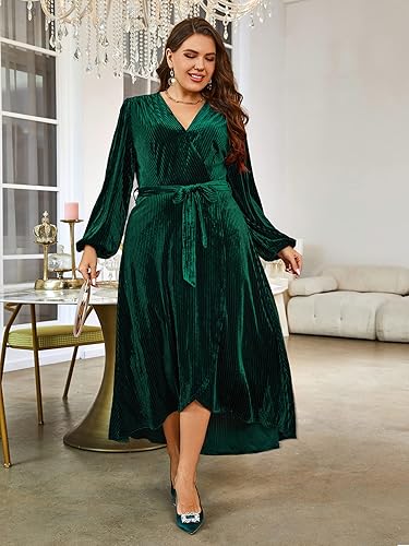 BerryGo Women's Plus Size Long Sleeve Velvet Wrap Dress V Neck