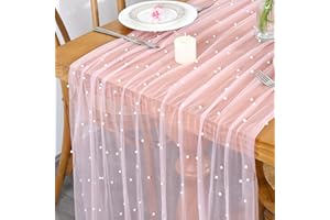 MEIVINES Pearl Table Runner Pink Tulle Fabric Boho Rustic Lace Tablecloth Table Runners for Bridal Shower Wedding Birthday Ar