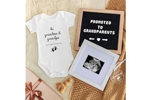 PUGED Grandparents Baby Announcement Gifts Pregnancy Surprise Announcement Set Include Letter Board Baby Onesie Photo Frame Glass Ornament for New Grandparents or Pregnancy Reveal Party (4 Set)