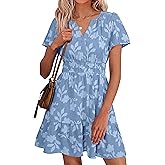 Simplee Womens Summer Floral Dress Casual Short Sleeve V Neck Empire Waist Boho Flowy A Line Mini Wedding Guest Dresses