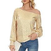 Genhoo Long Sleeve Sequin Tops for Women Off The Shoulder Glitter Sparkly Tops Dressy Party Shirts for Holiday Evening Party