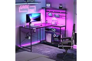 Bestier 42 L Gaming Desk,Computer Desk with Power Outlets, LED Lights, Reversible Corner Desk with 4-Tier Shelves,Cup Holder & Hook Carbon Fiber Black