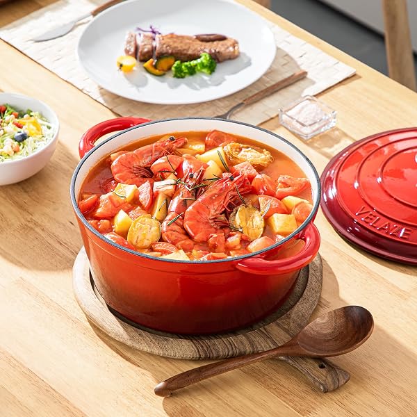 VELAZE 7.5 QT DUTCH OVEN POT WITH LID, ENAMELED CAST IRON DUTCH OVEN WITH DUAL HANDLES FOR SOURDOUGH BREAD BAKING, COOKING, NON-STICK ENAMEL COATED COOKWARE (RED)